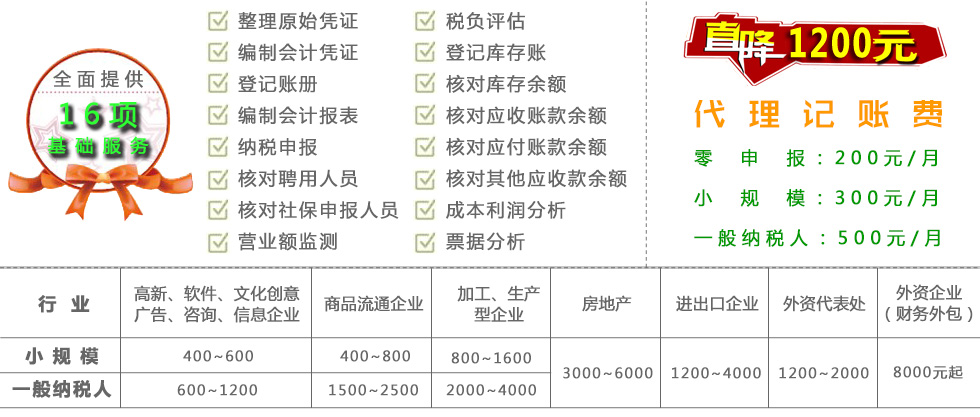 财务会计代理记账公司收费标准